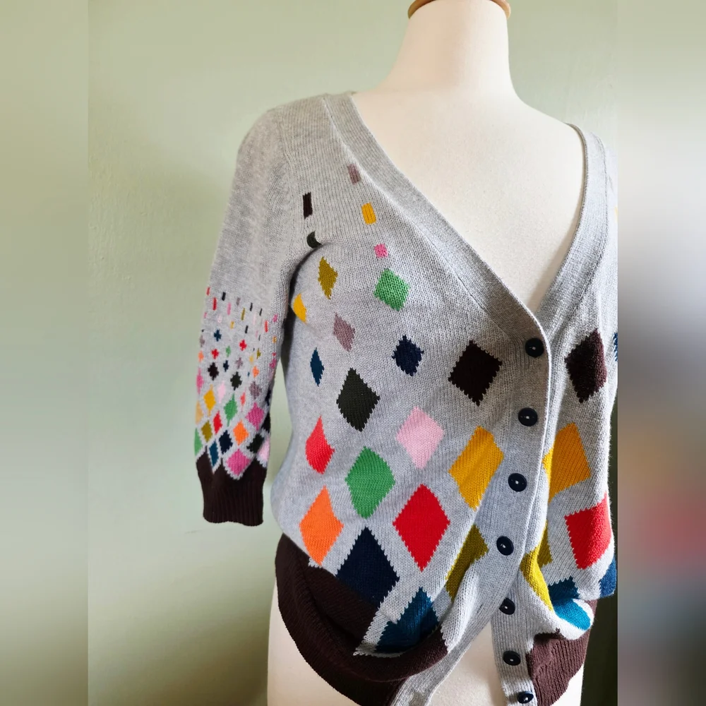 Anthropologie Ingrid Hass Colorful Cotton Diamond Cardigan Size Medium - Picture 3 of 6